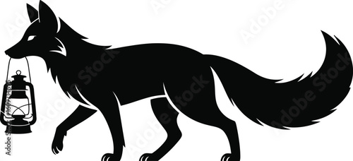 Fox Silhouette Holding Vintage Lantern in Mouth on White Background