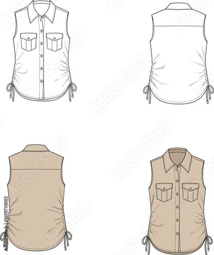 Sleeveless button down shirt fashion flat, front and back view, drawstring waist detail, stylish summer blouse, editable vector illustration, beige white