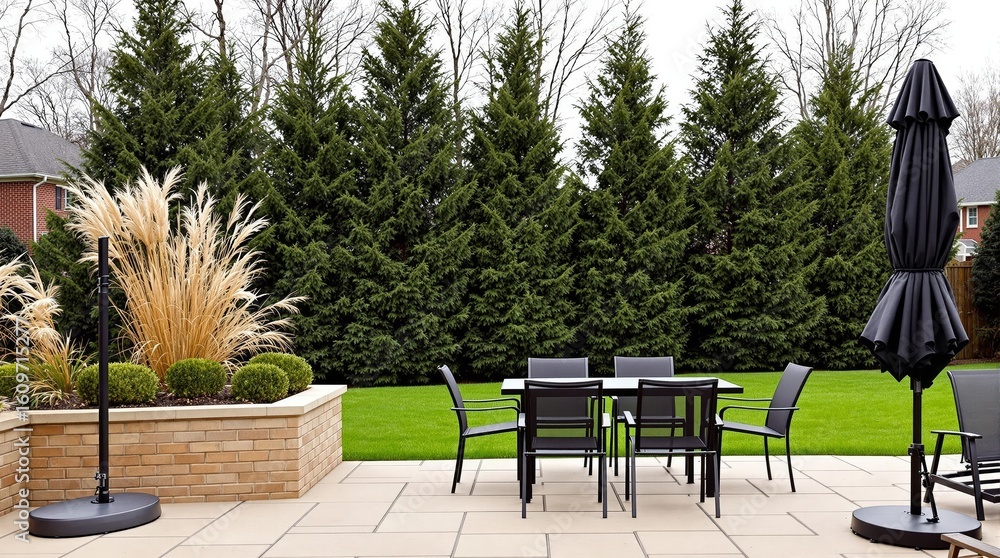Obraz premium Outdoor dining area with black furniture and evergreen backdrop