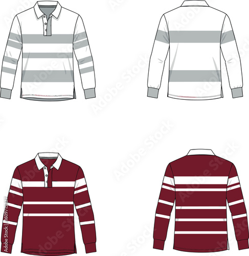 Striped rugby polo shirt flat sketch, front and back view, long sleeve design, casual athletic wear, editable vector template, white maroon color