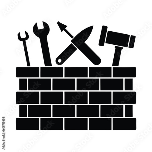 Brick Wall Construction Tools Icon Black Silhouette