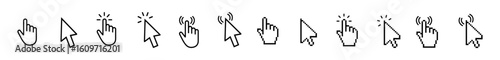 Computer mouse cursor icon set with arrow clicks, hand pointers, and loading animations for UI and web apps