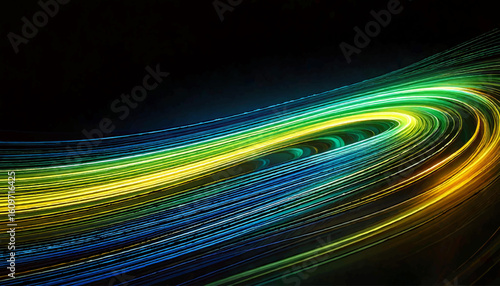 Car motion trails. Blue, green, yellow Speed light streaks background with blurred fast moving speed light effect. Racing cars dynamic flash effects city road with long exposure night lights