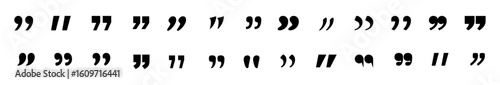 Quote marks and speech bubble icon set with black quotation symbols and inverted commas for design use