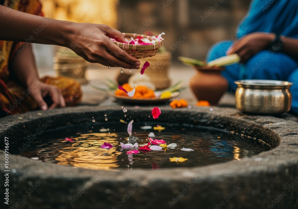 Fototapeta premium Floral Offering into Stone Basin during Traditional Ceremony