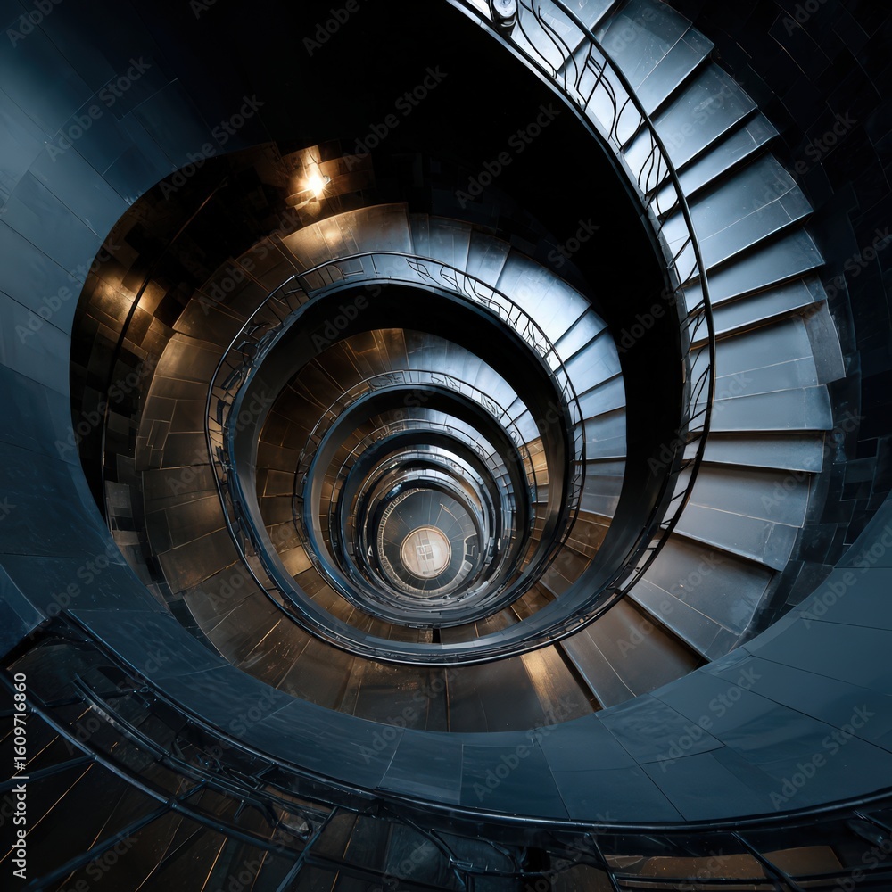 Fototapeta premium A low angle shot of a dark spiral staircase with metal steps and a light at the bottom of the stairs