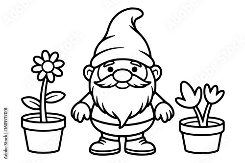 Friendly Gardening Gnome – Bold Minimalist Vector Line Art for Coloring Pages and Apparel Printing generative ai