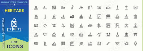 Heritage line icon set. Minimal icons set. Contains such symbols as mediaeval, culture, museum, old, art, antiquity. Editable stroke. Archaeologic icon set.