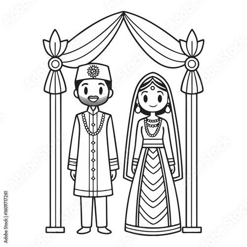 Cute Indian Wedding Couple Illustration Under Mandap – Traditional Bride and Groom in Ethnic Outfits for Marriage and Cultural Design