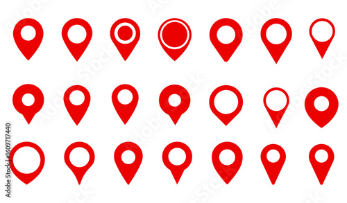 Modern location map pin icon set with destination markers, pinpoint symbols, and navigation elements