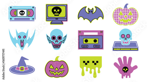 Retro Halloween Icons 80s 90s Inspired Digital Clipart for Parties Decorations Designs
