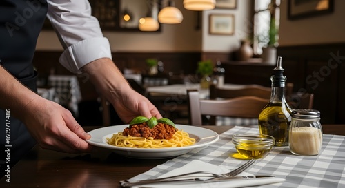 Professional waiter serving a classic plate of delicious spaghetti bolognese in a traditional Italian restaurant setting.