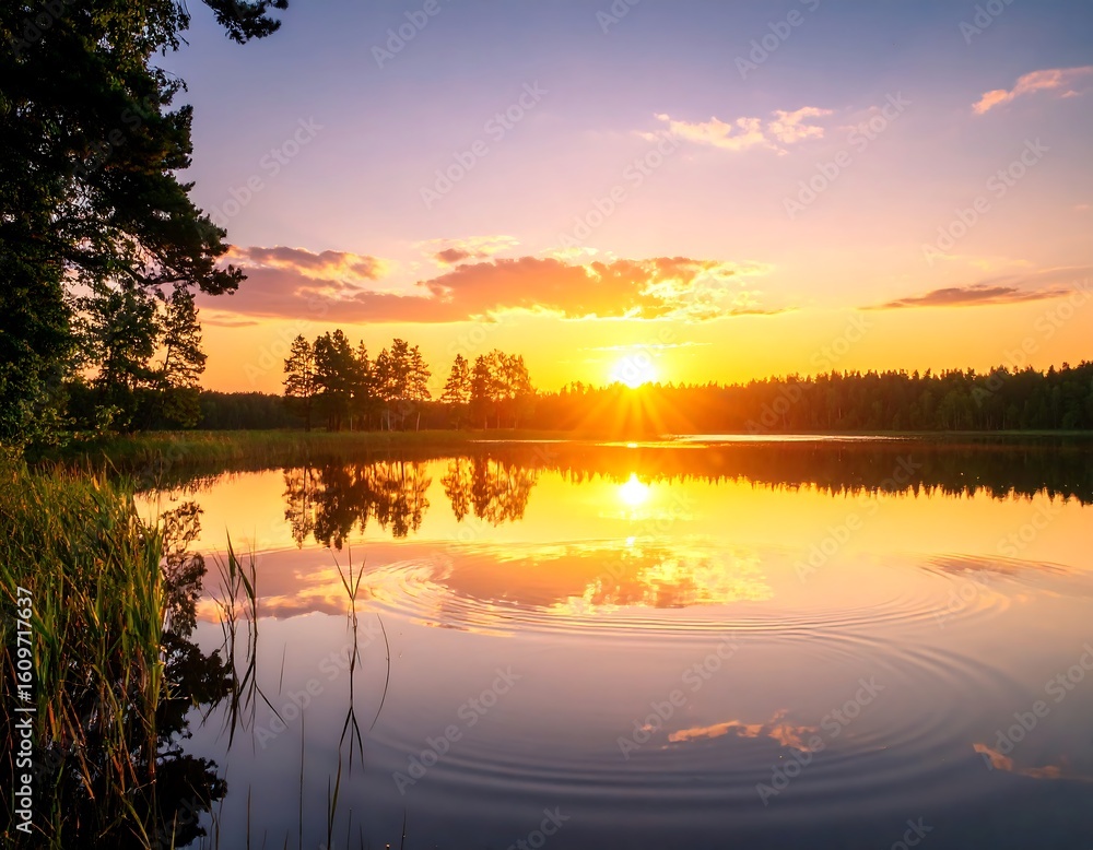 Obraz premium Serene sunset over a still lake, framed by silhouettes of trees