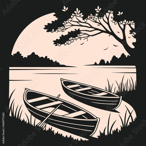 Peaceful Lakeside Serenity with Two Wooden Canoes Ready for Adventure