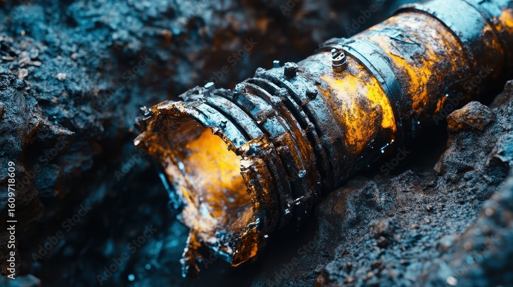 Obraz premium Rusty Pipeline Section in an Excavated Ground Environment