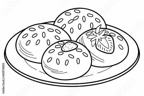 Coloring Pages, cartoon mochi balls on a plate, colorless, uncolored, black and white for coloring book, coloring page, kids