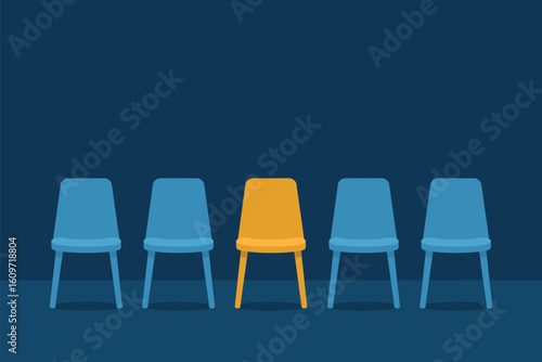 A row of blue chairs with a single yellow chair in the center on a dark blue background
