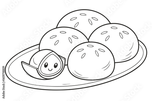 Coloring Pages, cartoon mochi balls on a plate, colorless, uncolored, black and white for coloring book, coloring page, kids