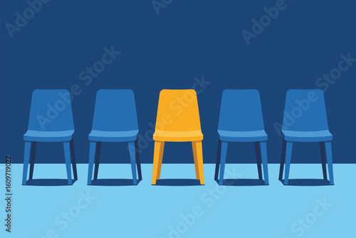 A row of blue chairs with a single yellow chair standing out against a blue background illustration