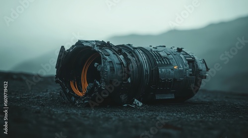Fototapeta Naklejka Na Ścianę i Meble -  Futuristic spacecraft engine lying on a desolate alien landscape