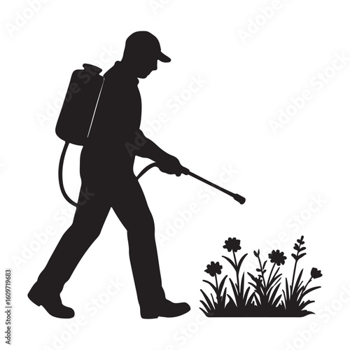 Silhouette of Man Spraying Herbicide on Weeds Vector Illustration

