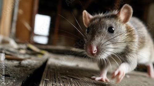 Closeup of a brown rat in a dilapidated with wooden attic looking at the camera.