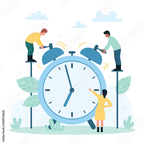 Time management, efficiency of daily tasks and punctuality vector illustration. Cartoon tiny people hitting hammers to make alarm clock ring, reminder for employees. Deadline, countdown concept