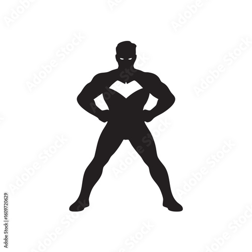Muscular hero standing with hands on hips superhero silhouette