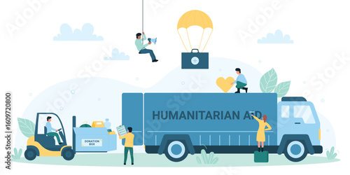 Delivery and logistics of charity organization vector illustration. Cartoon tiny people load humanitarian aid into truck, volunteers bring donation boxes on loader and lower down by parachute to lorry