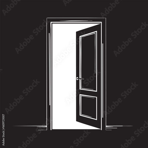 Open doorway with white panels and silver handle black interior