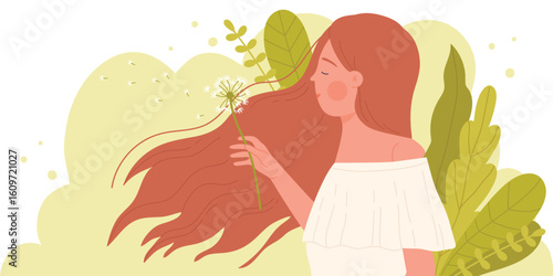 Girl blowing dandelion vector illustration. Cartoon young woman with cute face and long hair waving in wind, holding flower to blow and enjoy freedom and spring in air, fluff plant seeds flying