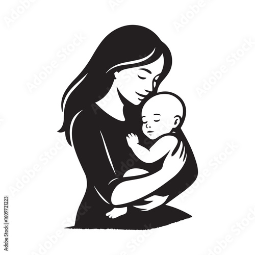 Mother Holding Baby Silhouette – Loving Mom with Newborn Vector Icon

