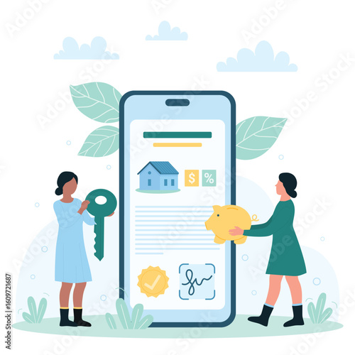 Online real estate agreement vector illustration. Cartoon tiny people holding key and piggy bank with money to make deal to buy or sell property, signing business document with electronic signature