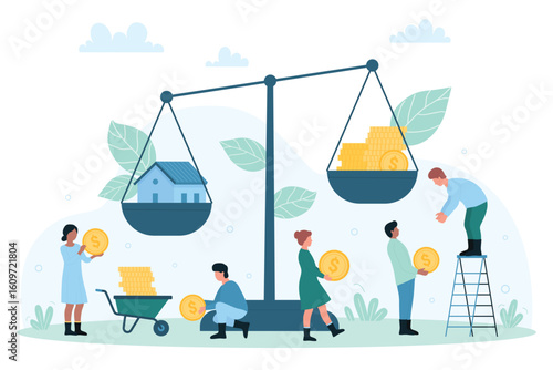 Investment in real estate, budget and savings vector illustration. Cartoon tiny people put gold coins on scale to balance with weight of house and invest in property, increase cost of home expenses