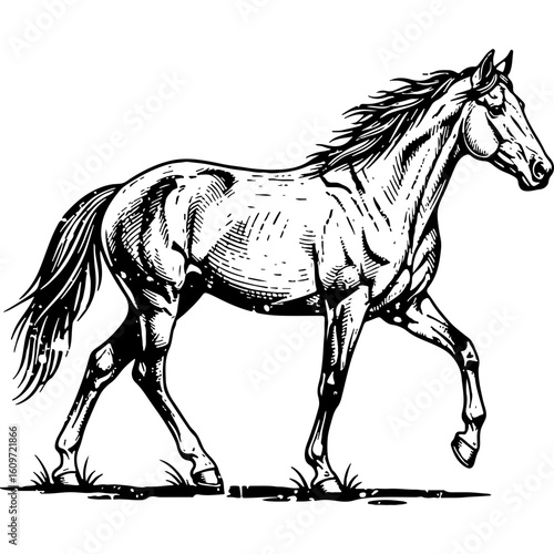 Rustic Woodcut Style Horse Trotting Illustration, Black and White Engraving Art, Vintage Equine Graphic Design Element