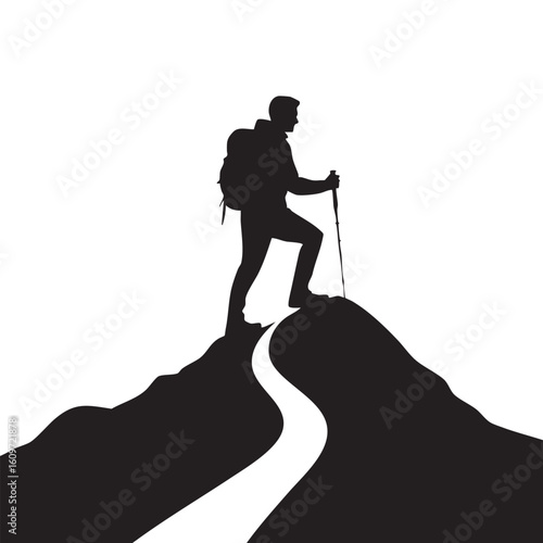 Silhouette of a hiker with backpack and trekking pole on a mountain peak vector