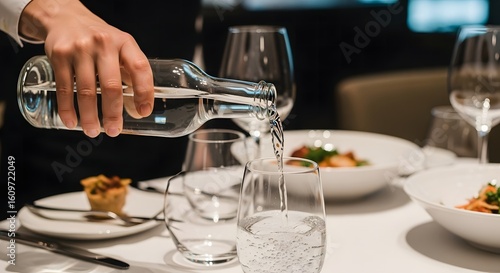 Professional waiter pouring fresh water from a glass bottle into a glass, providing service in a fine dining restaurant.