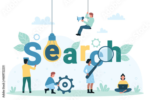Web search, analytics and algorithms vector illustration. Cartoon tiny people look through magnifying glass at search lettering, user characters explore internet and find information in website
