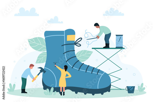 Shoe manufacturing, shoemaking and repair footwear vector illustration. Cartoon tiny shoemaker characters sew modern fashion boot with tailors needle and hammer, artisan handicraft shoes production