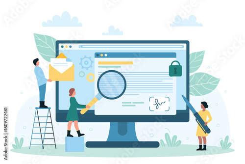 Digital document signing, agreement vector illustration. Cartoon tiny people holding magnifying glass and pen to sign legal form with electronic signature on computer monitor, study and approve deal