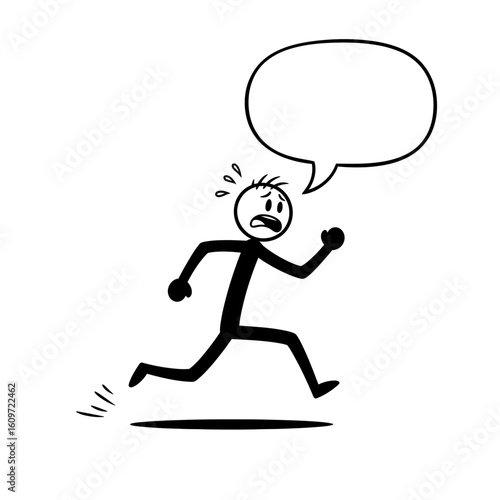 Frightened stick figure running with a blank speech bubble above his head