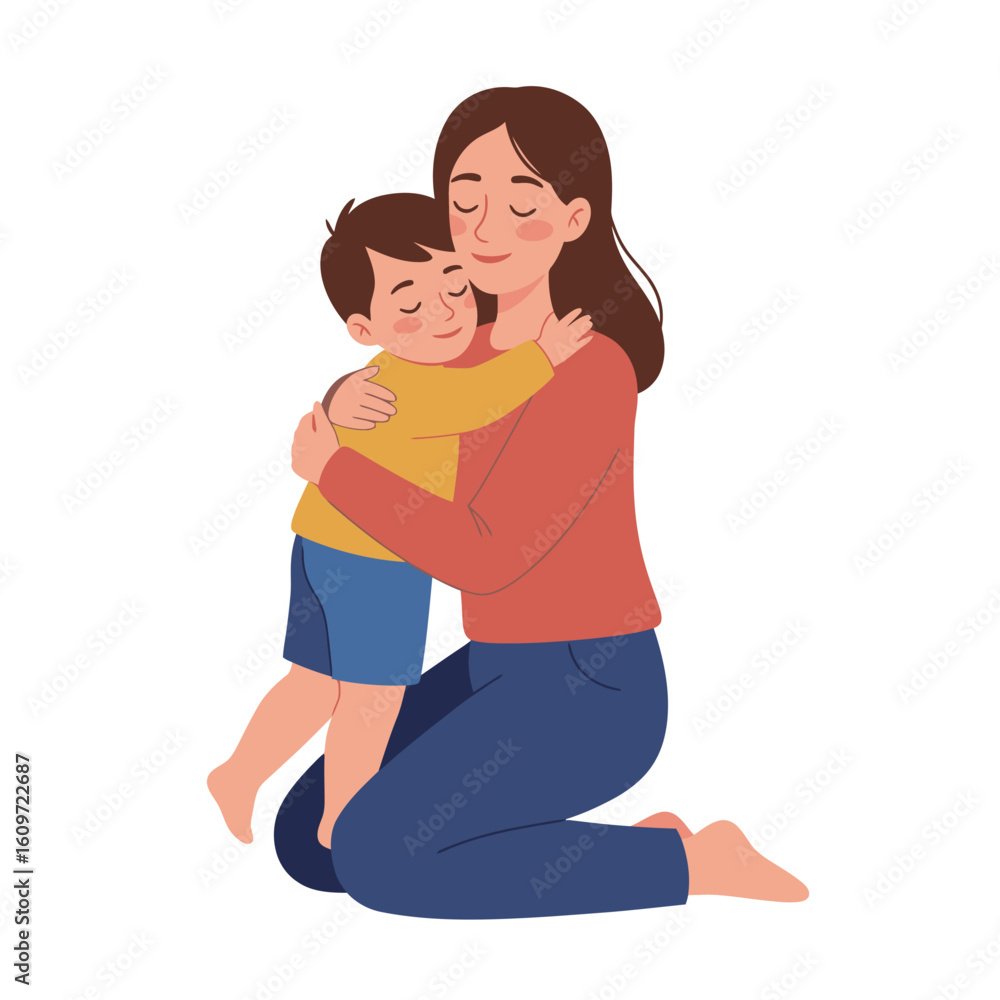 Obraz premium A woman kneels hugging a child with closed eyes both smiling