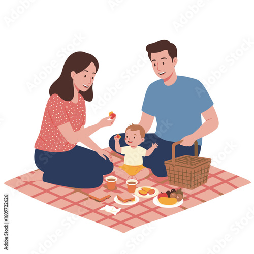 Family of three on a picnic blanket with food drinks and a picnic basket