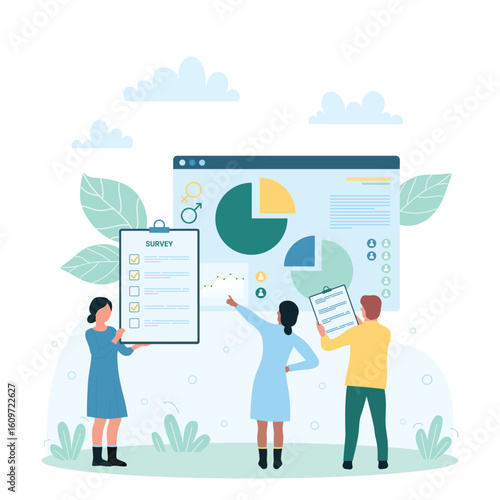 Sociology survey and research results vector illustration. Cartoon tiny people holding survey list to study society, focus group, gender statistics and discuss report document with graphs and charts