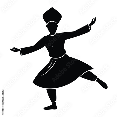 Silhouette of a whirling dervish performing traditional sufi dance with balanced graceful movements