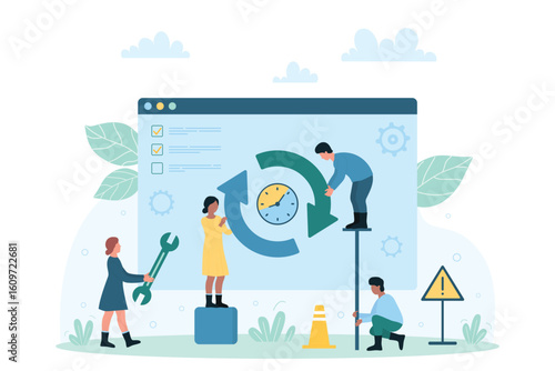 Process of downloading new software version vector illustration. Cartoon tiny people update and reload operation system, characters load digital product on computer and refresh download status