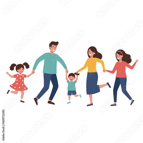 Cartoon depiction of a family happily walking together in a group