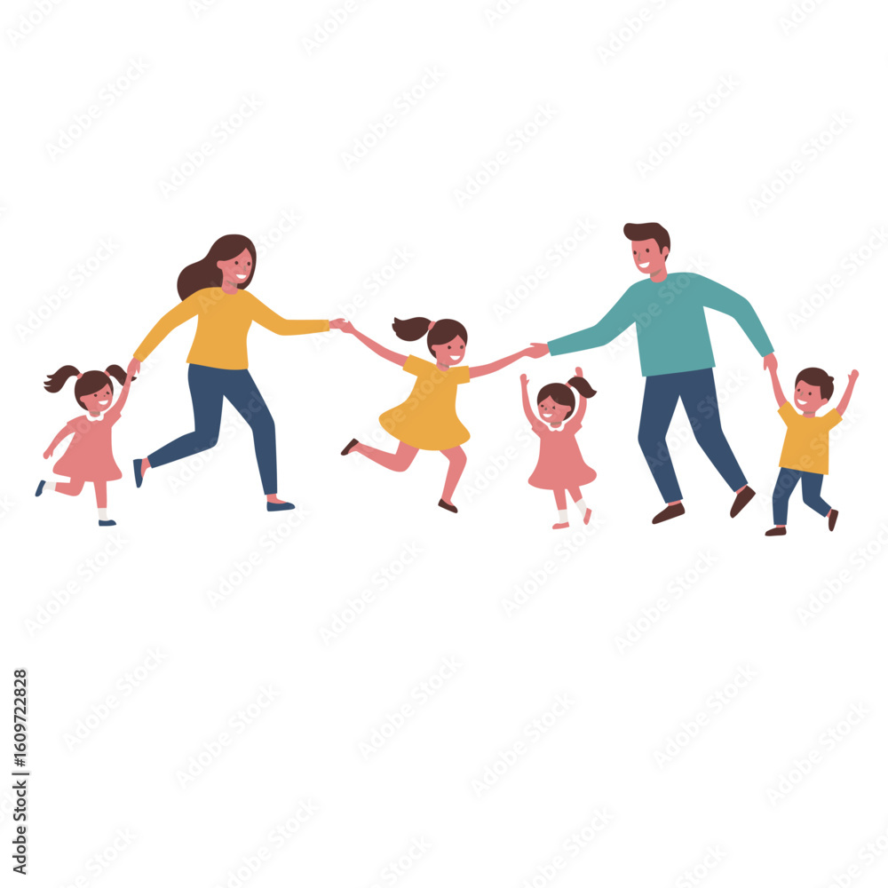 Obraz premium A family of six the mom and dad holding hands with their four kids smiling and running