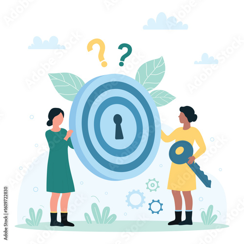 Solution or reason to solve business problem, find answer to question vector illustration. Cartoon tiny people holding key and darts target with keyhole inside, woman working to unlock and open lock