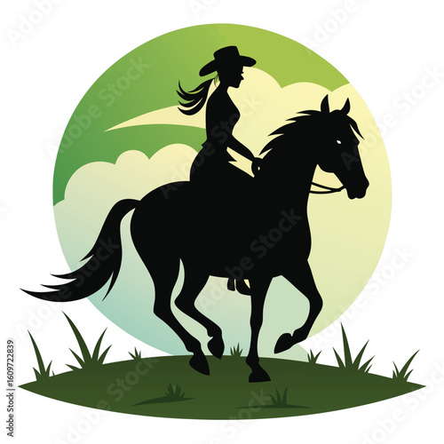 Silhouette of a woman in a cowboy hat riding a horse galloping across the grassy landscape design